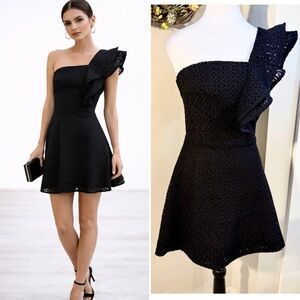 SHILLA The Label One Shoulder Ruffle Lace Mini Dress Black Fit Flare XS💛